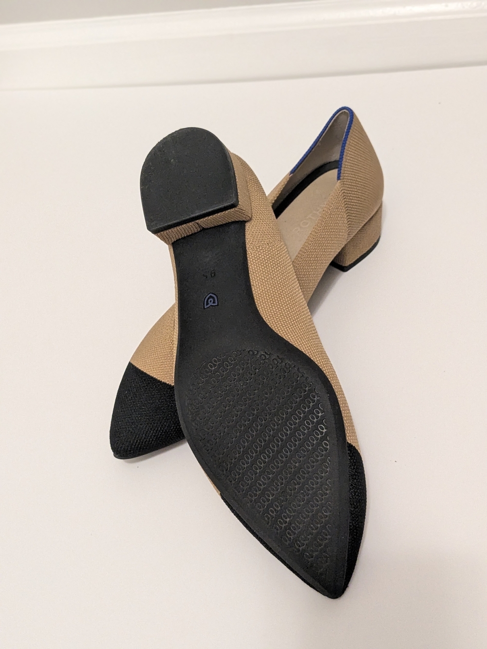Rothy's Tan Flats with Black Pointed Cap and Blue Trim - Picture 4 of 4